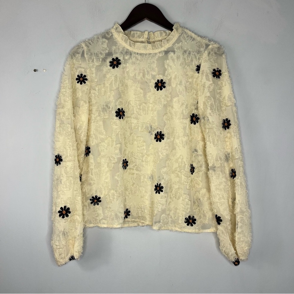 Shein Size Medium Embroidered Daisy Sheer Eyelash High Neck Long Sleeve Blouse